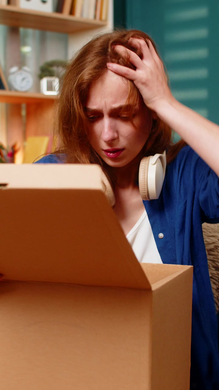 Young woman on home sofa opening package and feeling upset about wrong or damaged online order item