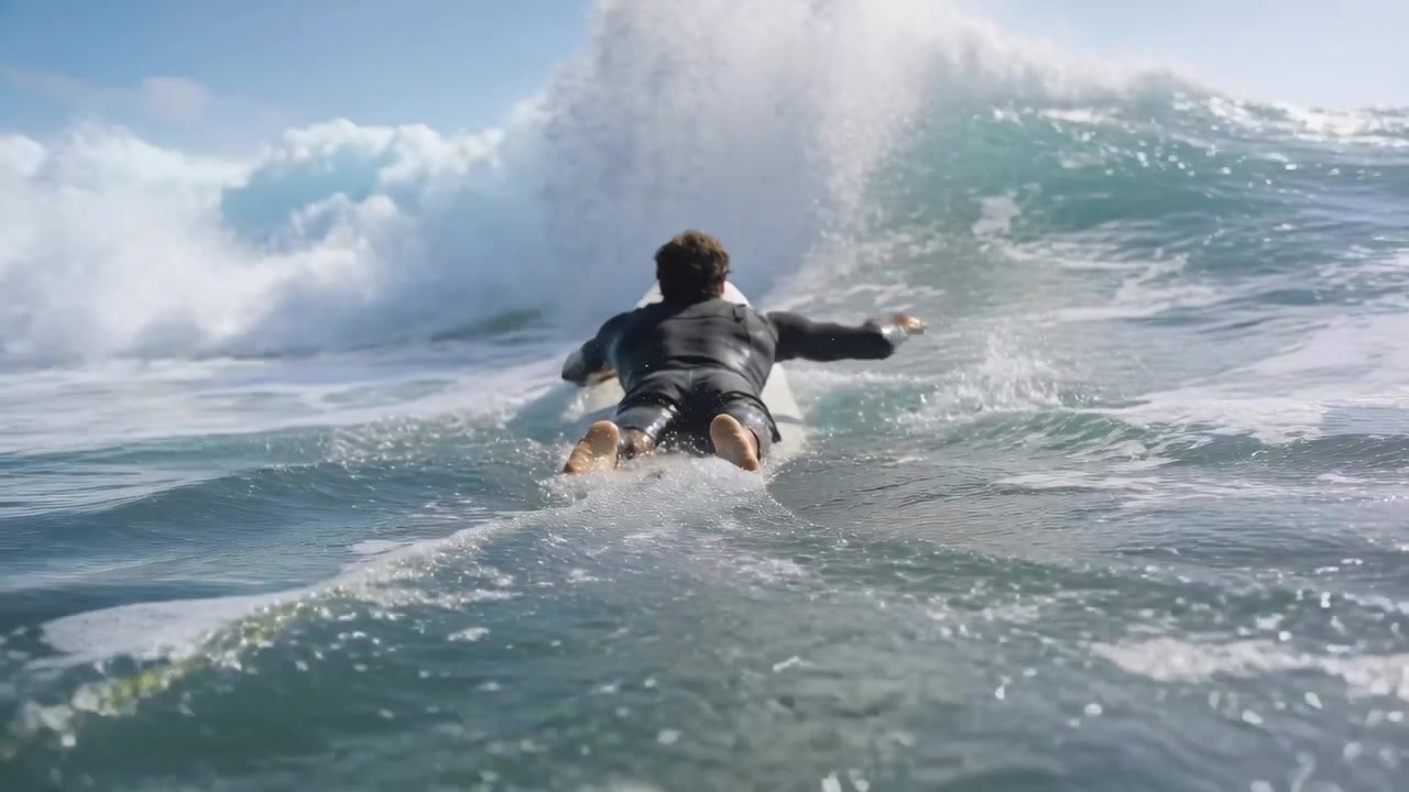Surfista remando em wetsuit preto no oceano, impulsionando para pegar onda quebrando à frente, com leash