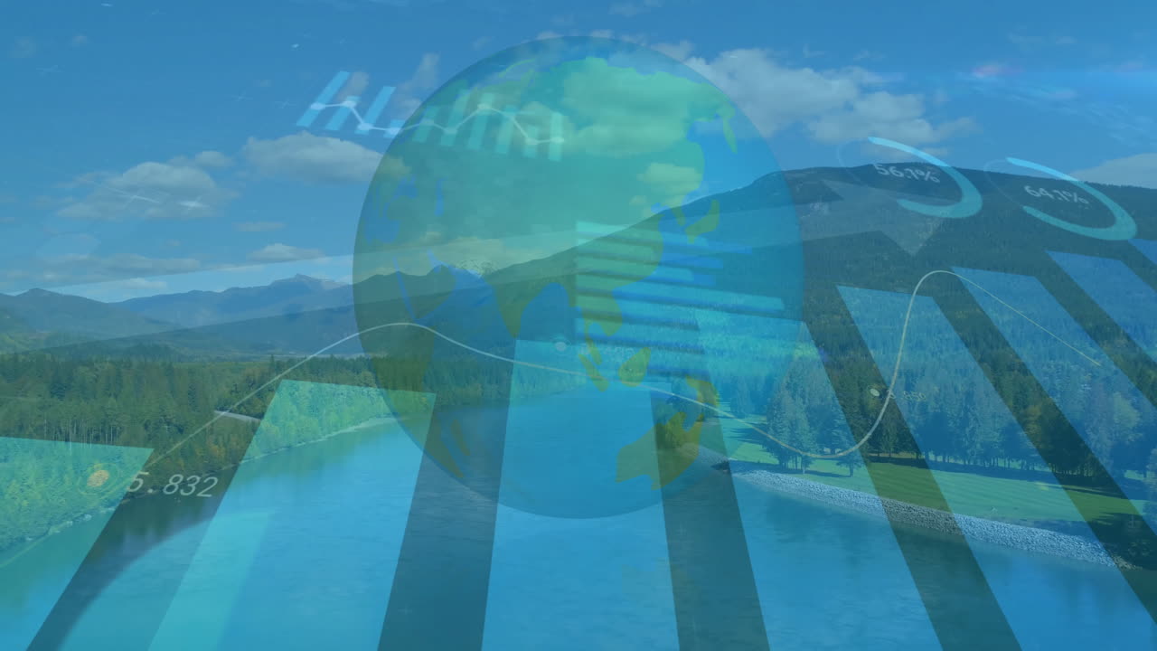 Globe and financial graphs animation over scenic river and mountain landscape