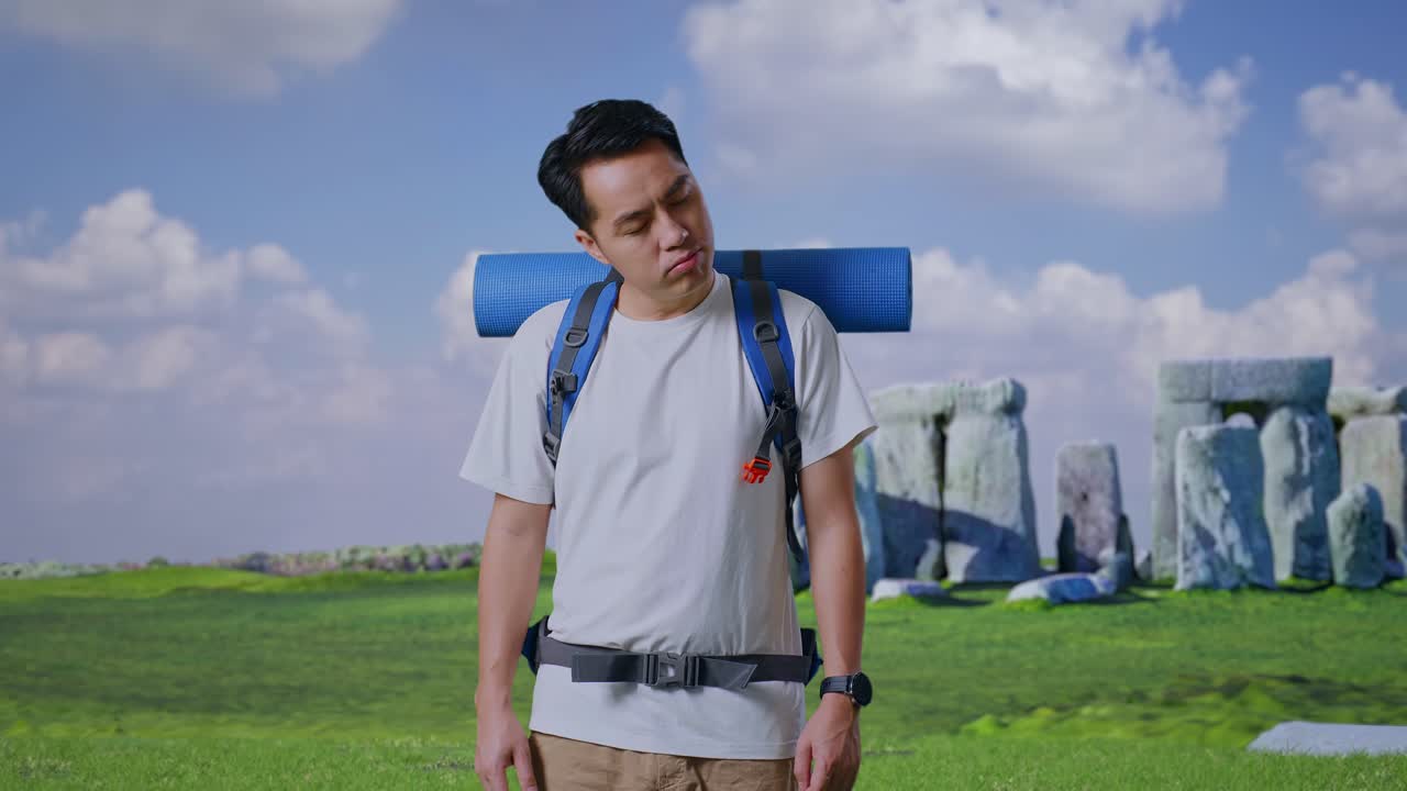 Asian Male Hiker With Mountaineering Backpack Shaking His Head And Making Unsatisfied Face While Traveling In Stonehenge