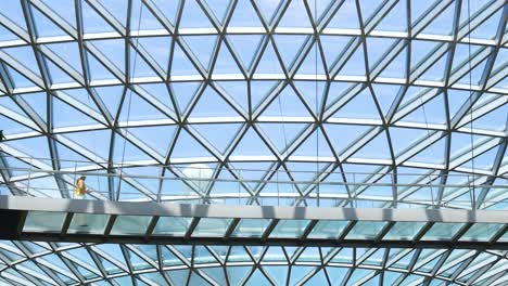 camera tilts upward from lush indoor waterfall and greenery to expansive geometric glass dome ceiling, capturing bright daylight and modern architectural details