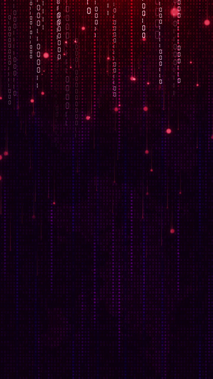 Movement numbers binary code and glowing particles on dark red background. Points and pixels in lines. Digital data network. Looped animation. Vertical video.