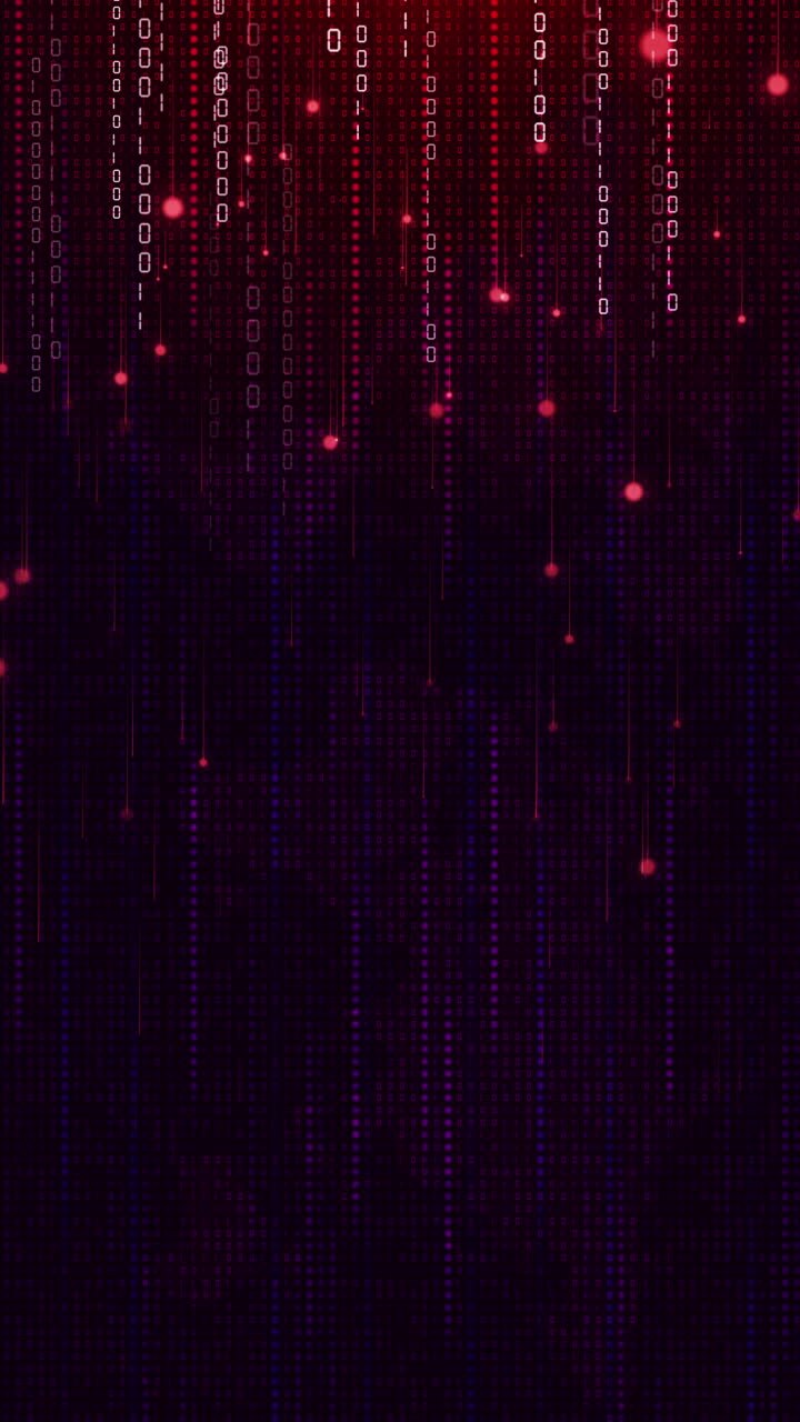 Movement numbers binary code and glowing particles on dark red background. Points and pixels in lines. Digital data network. Looped animation. Vertical video.