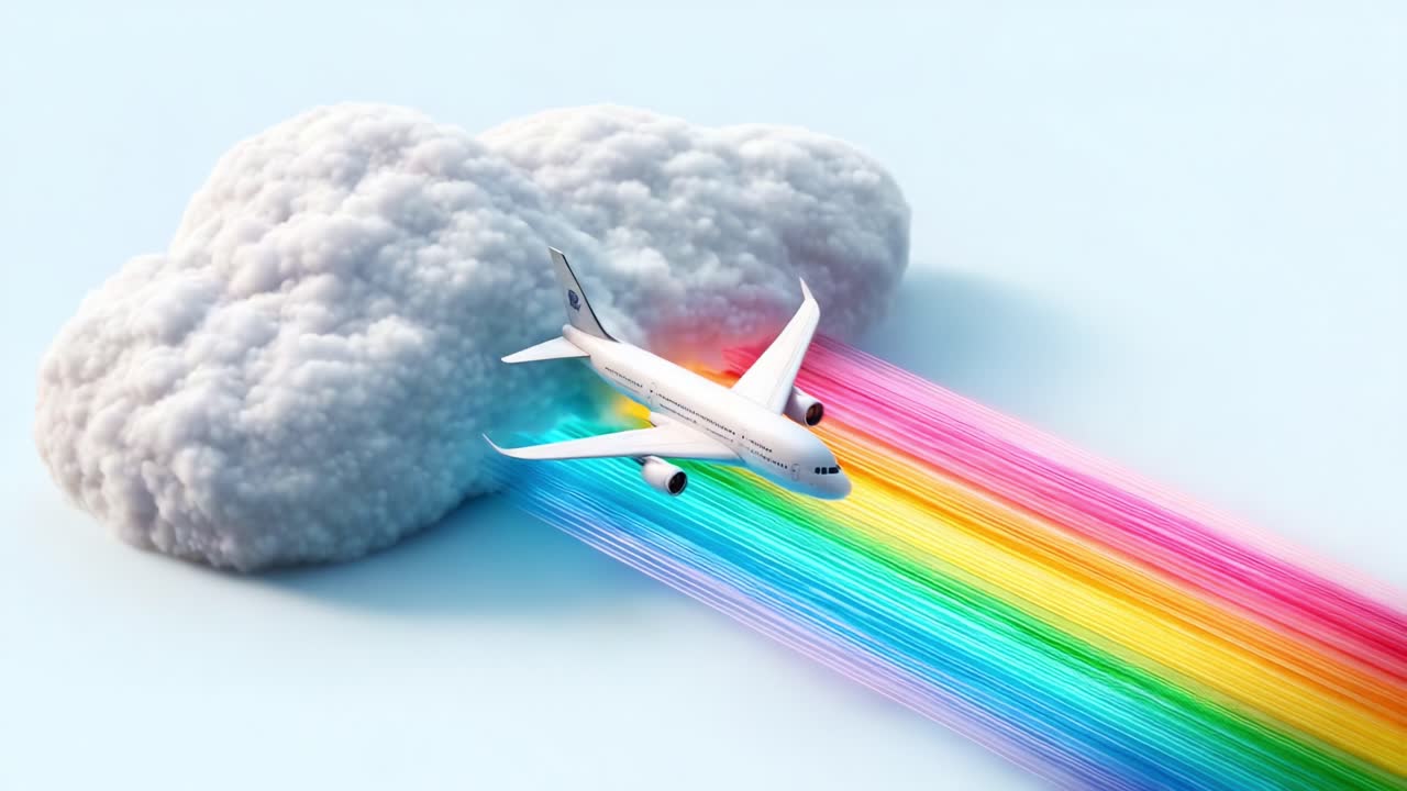 A vibrant airplane gliding through a fluffy cloud that emits a dazzling spectrum of rainbow colors, creating a whimsical and fantastical atmosphere above a serene sky