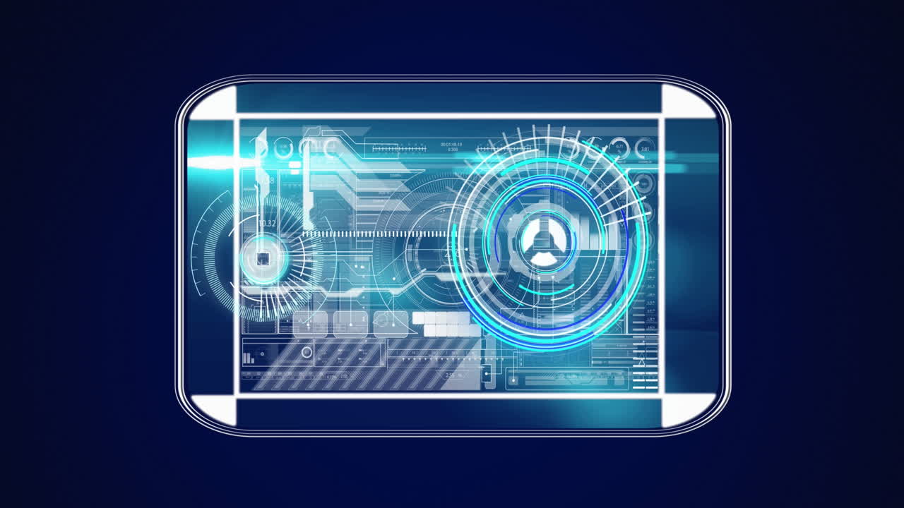 animación de la interfaz con el escáner redondo de neón y procesamiento de datos contra un fondo azul