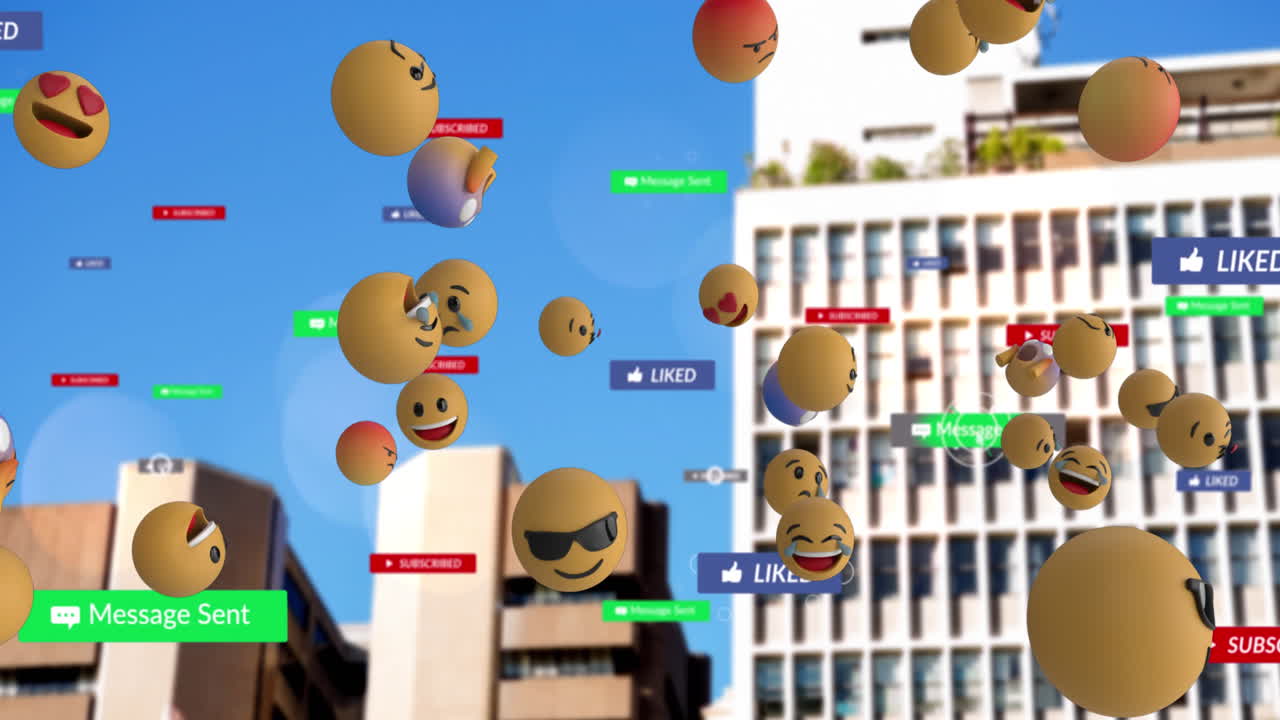 Animação de texto de mídia social em banners com emojis sobre paisagem urbana