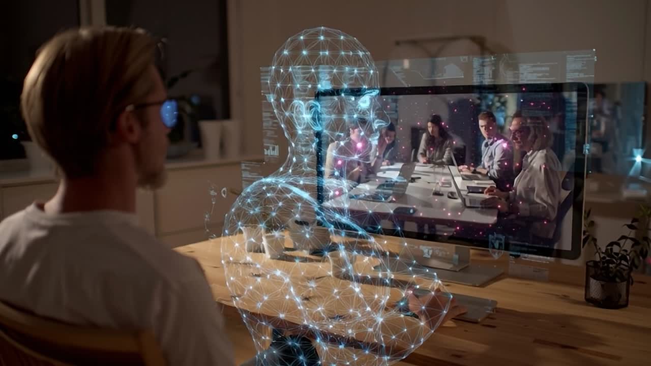 Collaborazione virtuale in un moderno ambiente d'ufficio con display olografico