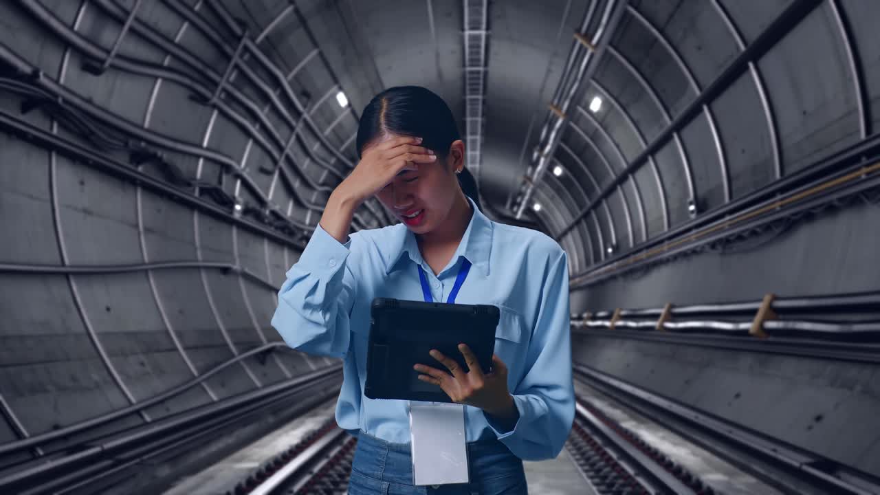 Asian Female With Her Tablet In Underground Subway Tunnel, She Is Nodding Her Shead With Dissapionted