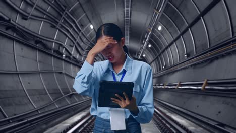 asian female with her tablet in underground subway tunnel, she is nodding her shead with dissapionted