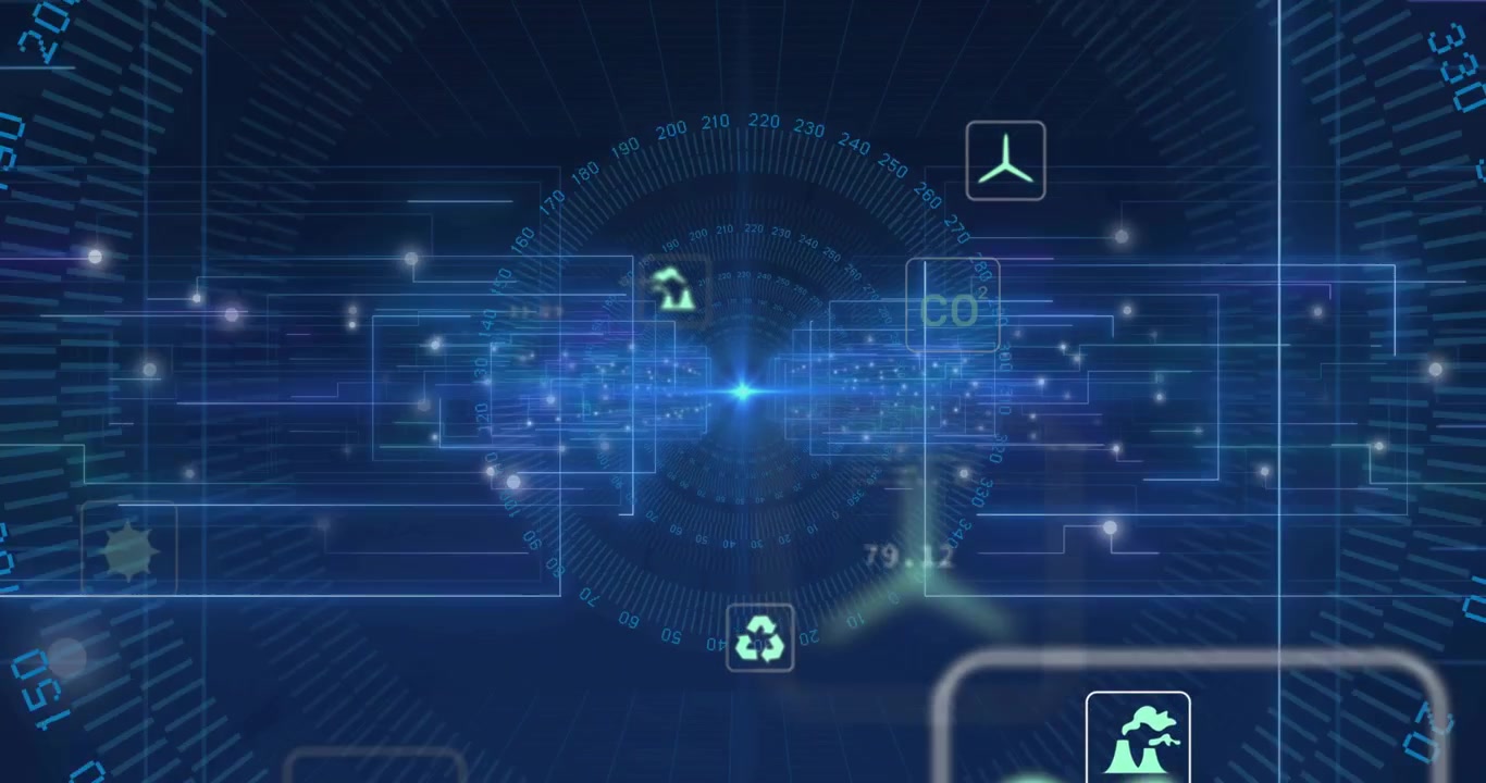 Pulsing central node initiating icon emergence shifting positions updating metrics, revealing code