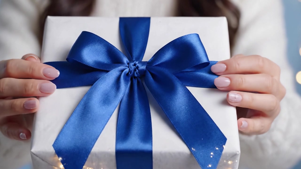 Un regalo splendidamente incartato con un vistoso nastro blu viene presentato, evidenziando la gioia e l'emozione del donare durante un'occasione festiva