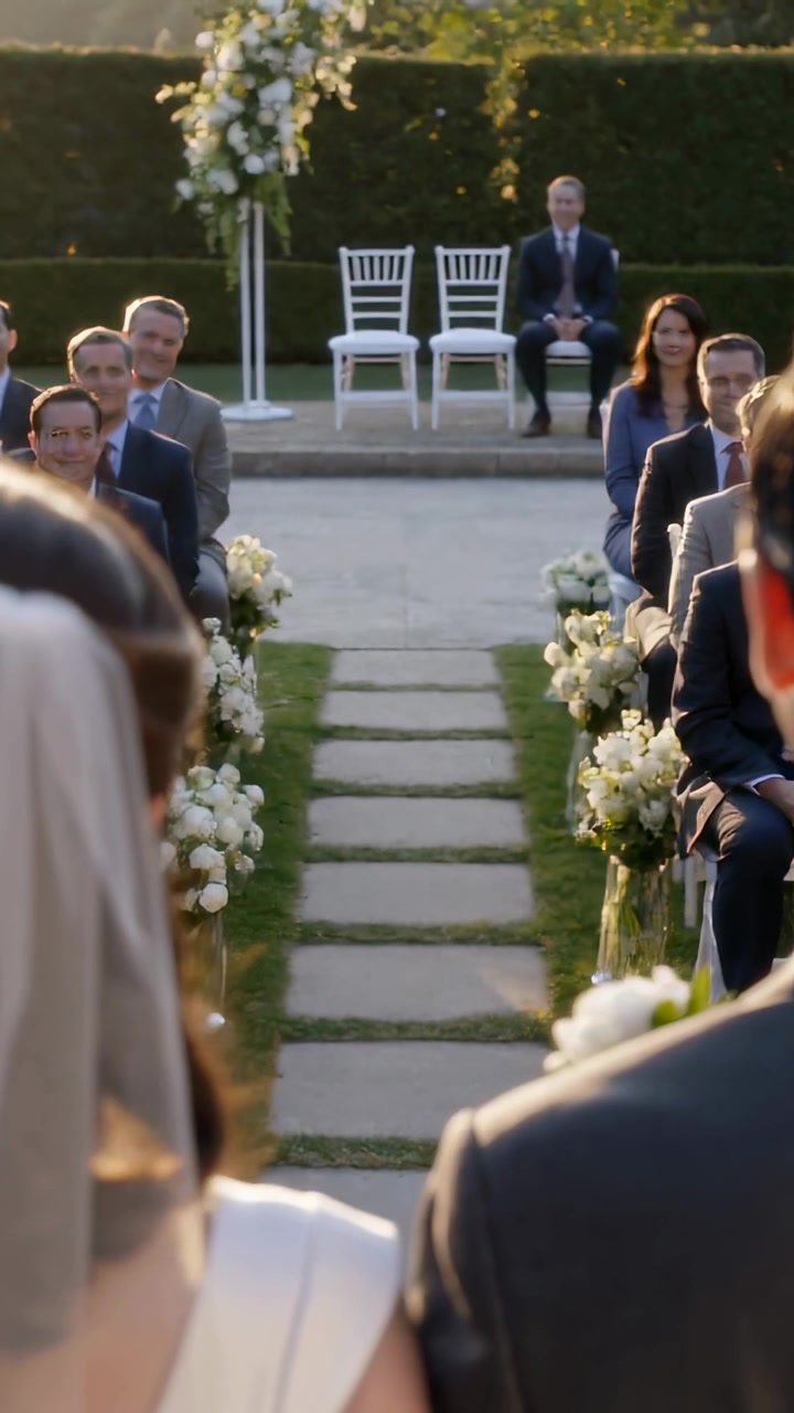Video verticale: La telecamera si allontana mostrando sposa e sposo che sorridono lungo un corridoio in giardino, mostrando l'abito e gli invitati
