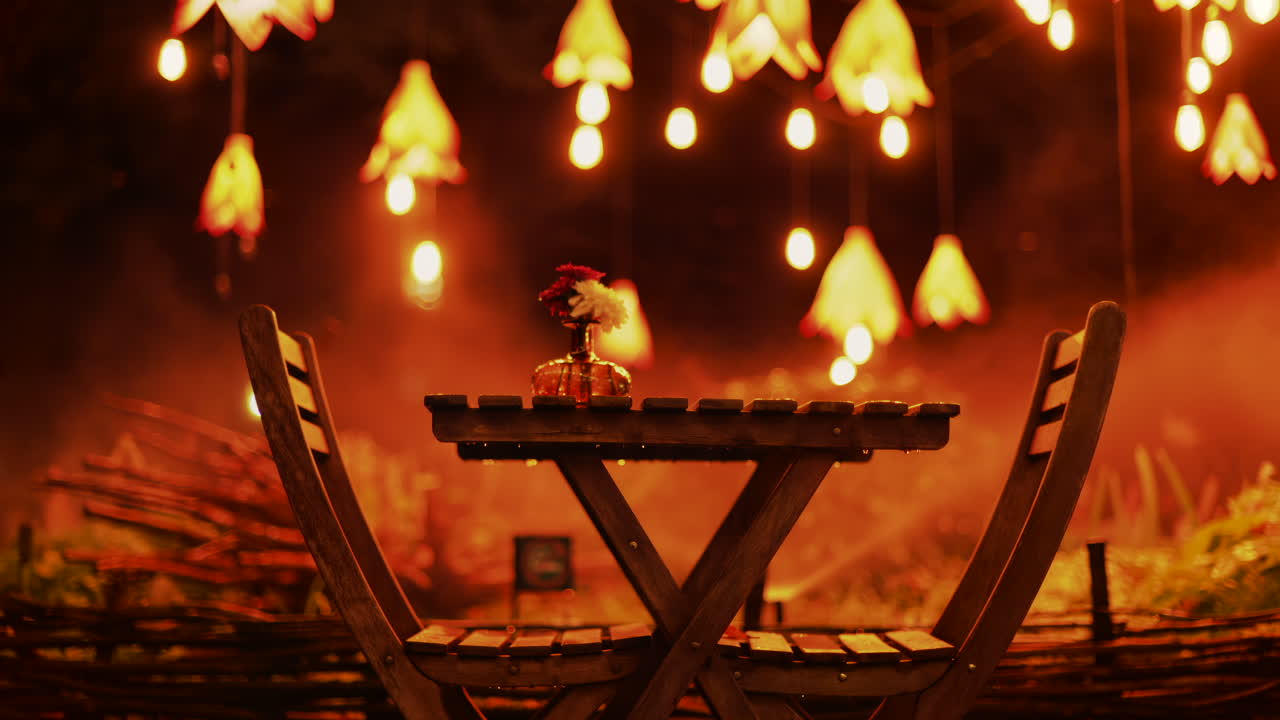 A wooden table with flowers illuminated by soft hanging lights