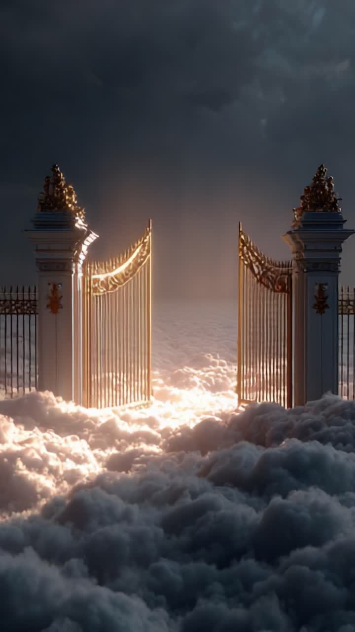 Majestätische goldene Tore, die sich zu einer verträumten Wolkenlandschaft öffnen: Eine mystische Reise jenseits des Horizonts erwartet dich mit ätherischem Licht, das den Weg nach vorn beleuchtet