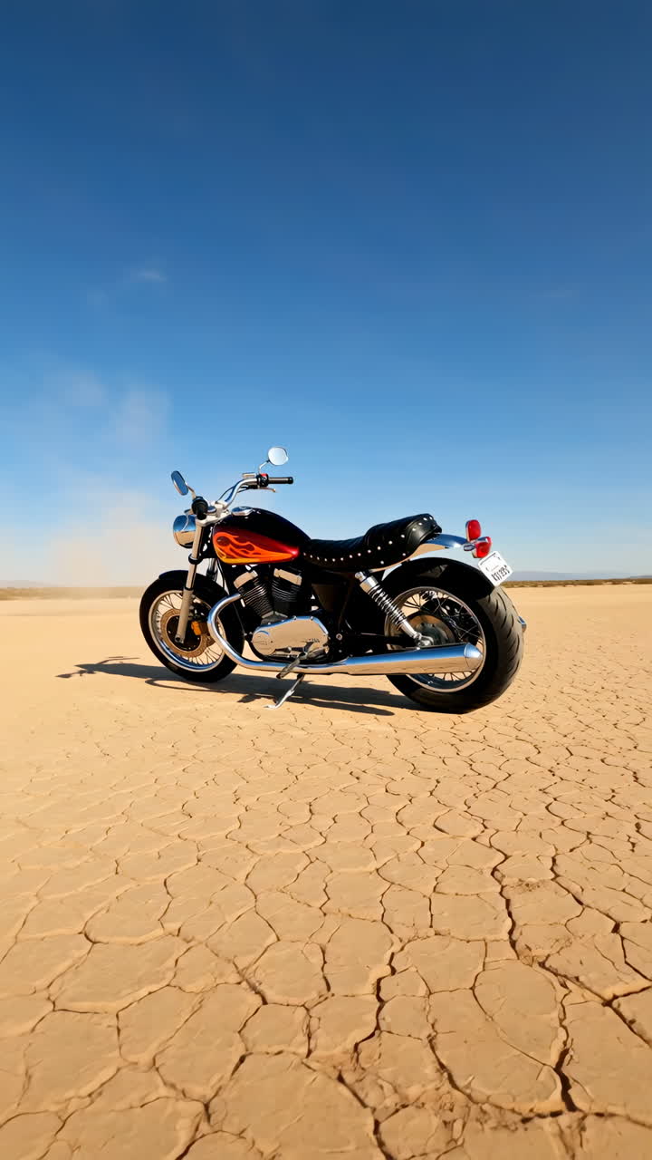 Motorcycle parked on a dry lake bed in the desert