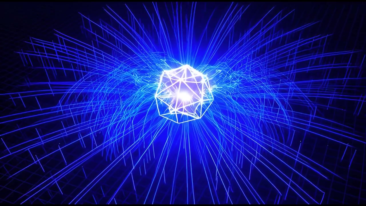 Sfera Geometrica Astratta che Emette Onde di Luce Blu nello Spazio Digitale