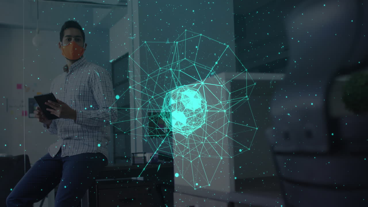 mundo de la red de conexiones contra el hombre que usa máscara facial usando tableta digital en la oficina