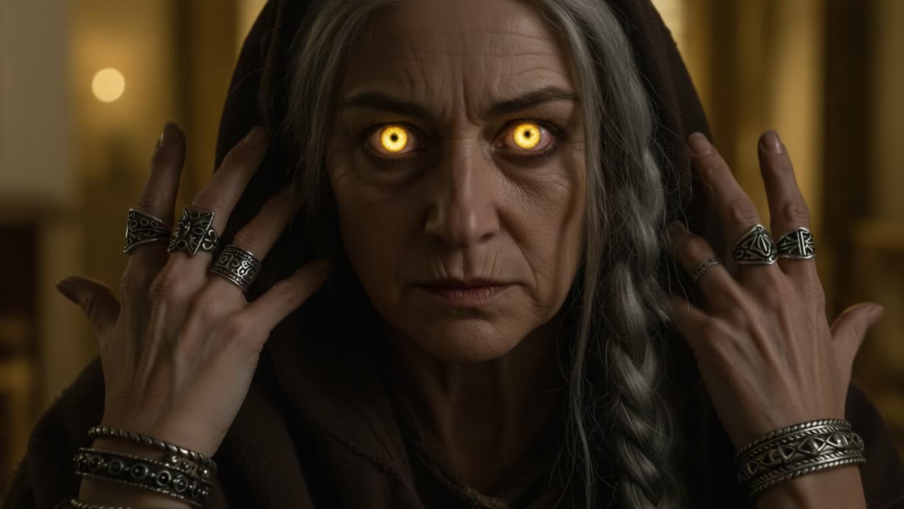 A Mysterious Elderly Figure with Glowing Eyes and Intricate Rings, Portraying a Scene of Enchantment and Dark Sorcery in a Captivating Atmosphere of Magic