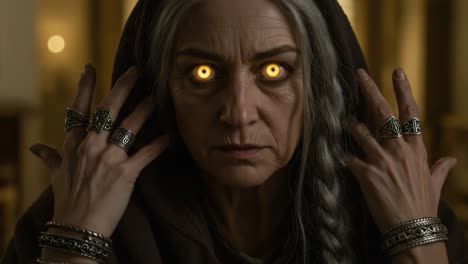 a mysterious elderly figure with glowing eyes and intricate rings, portraying a scene of enchantment and dark sorcery in a captivating atmosphere of magic