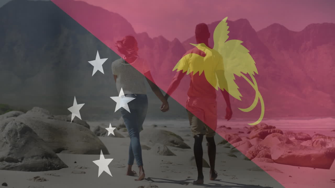 Walking on beach, couple holding Papua New Guinea flag animation in background