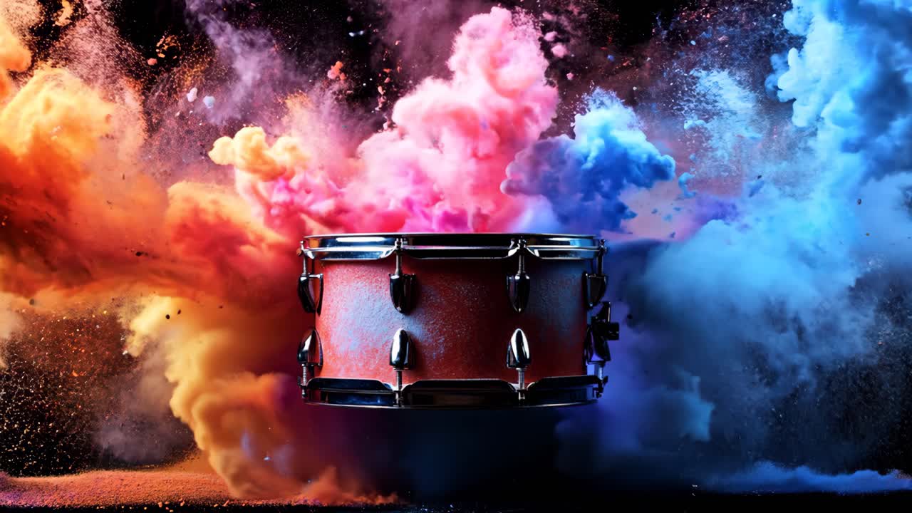 A drum is shown in a colorful explosion of red, blue, and yellow. The drum is surrounded by a cloud of dust and debris, giving the impression of a powerful and energetic performance