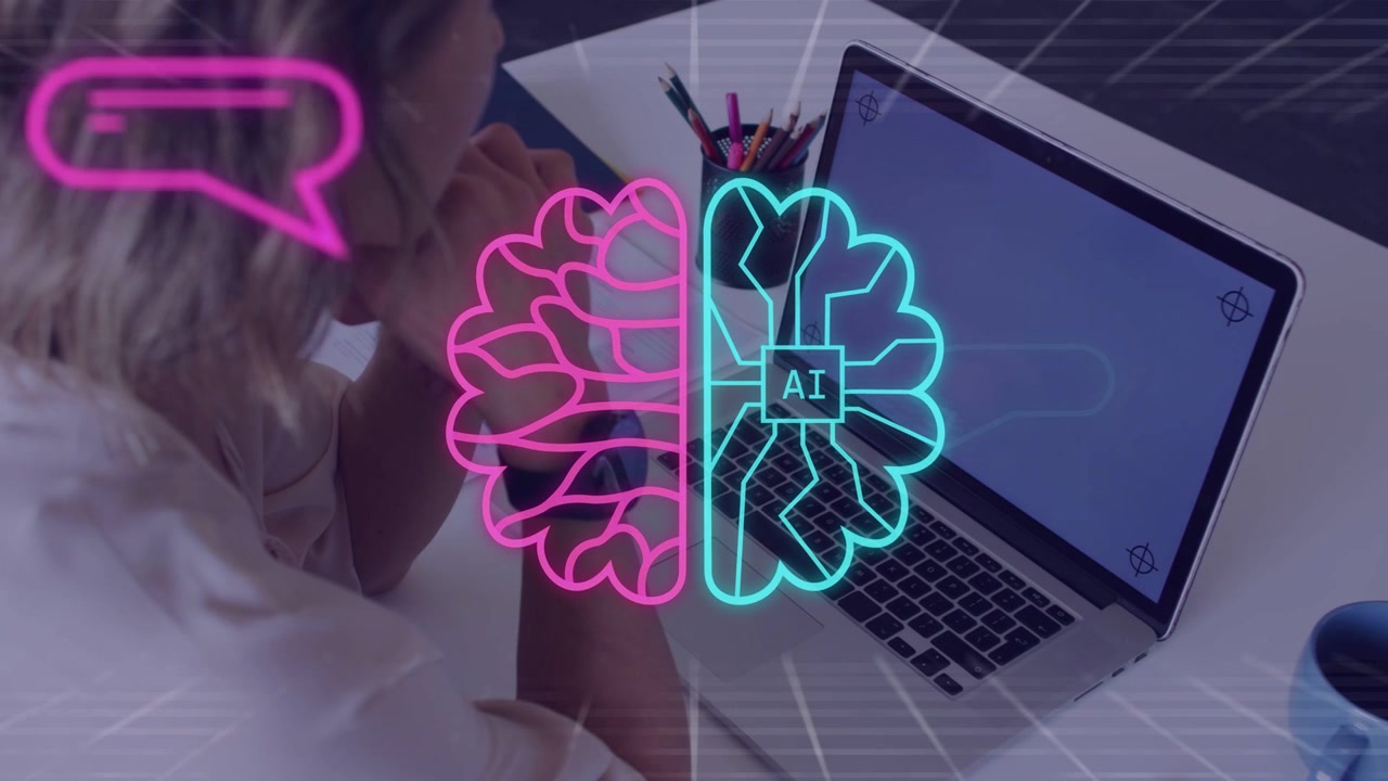 Donna che guarda un portatile vuoto con un cervello al neon che si accende, bolle sopra di lei, e il cervello che si rimpicciolisce fino a diventare un'icona di aiuto AI.