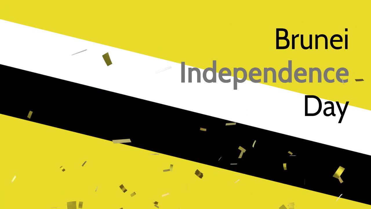 부르네이 독립기념일 텍스트와 부르네이 국기 위의 콘페티의 애니메이션