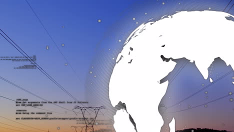 animation of globe and data processing over electricity poles at sunset