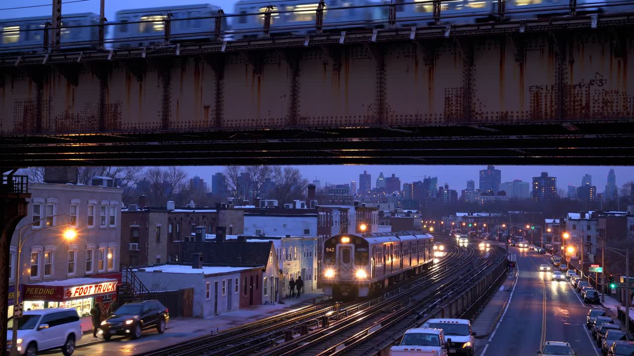 A cinematic video frame captures an urban scene at dusk, with a low-angle view of a train