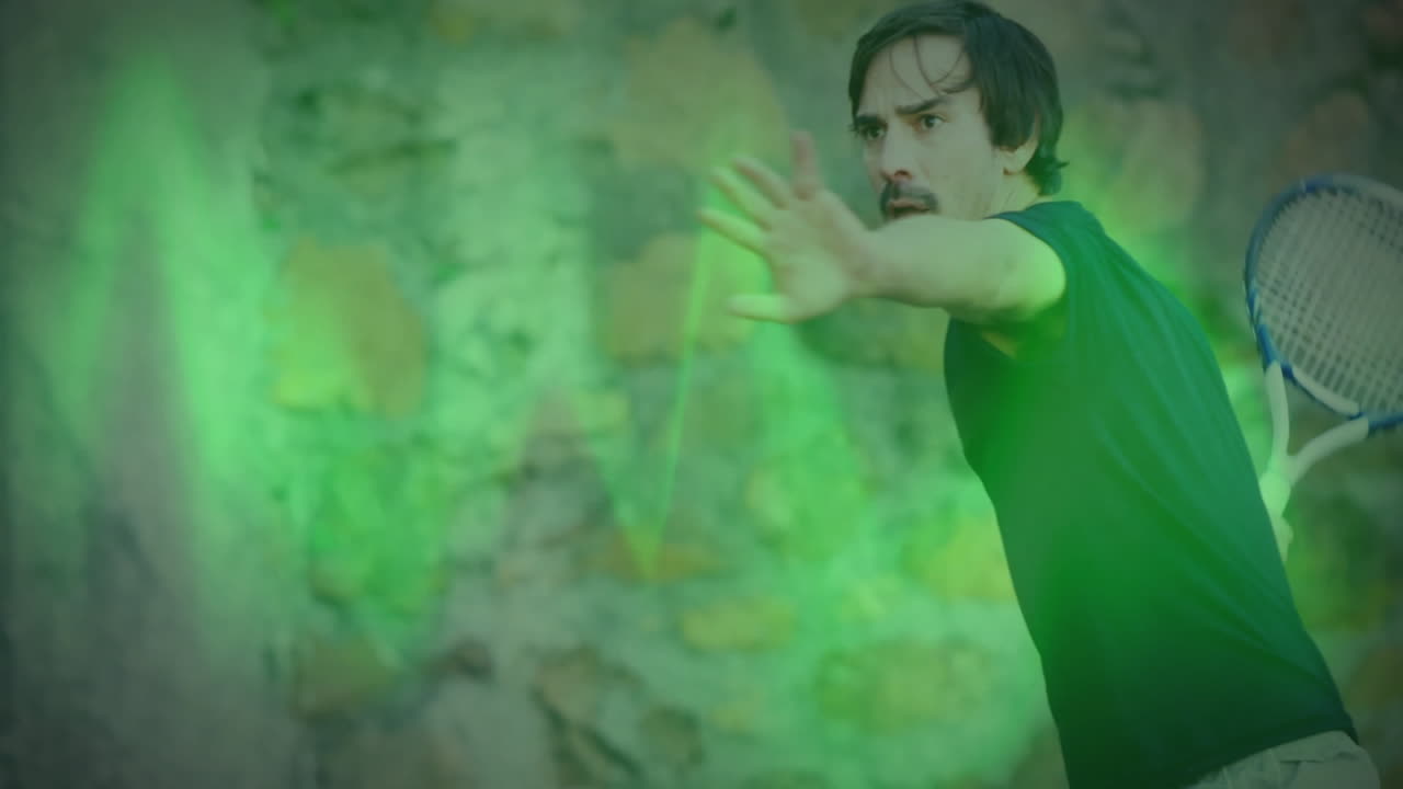 Man holding baseball bat by stone wall, extending arm with green glow promoting health campaign