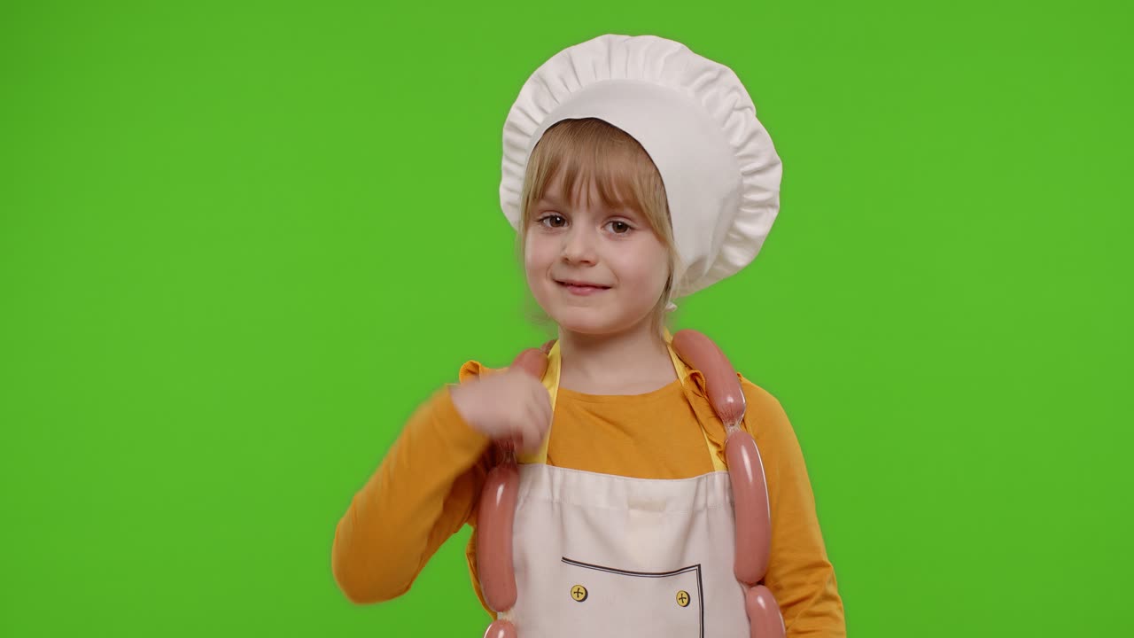 Bambina vestita da chef con decorazioni a forma di salsiccia