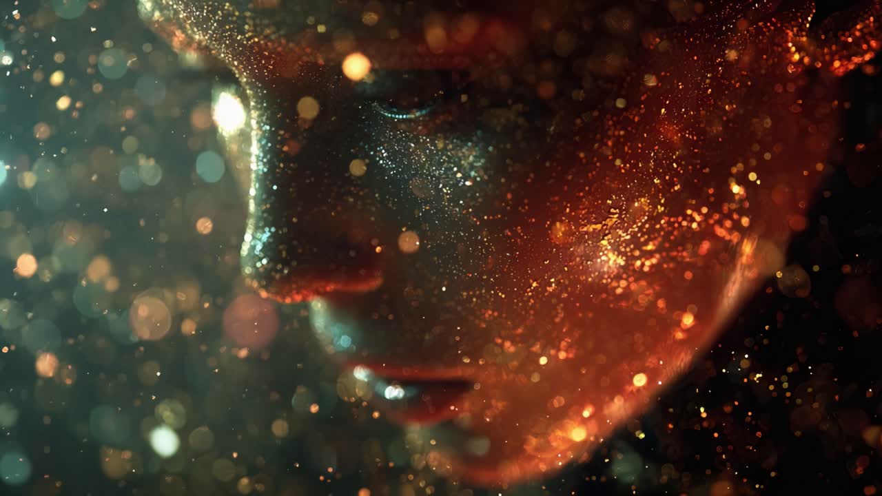 Close up of a contemplative woman's face illuminated by glowing bokeh lights and shimmering golden particles floating in the air, creating a magical, dreamlike, and mysterious atmosphere