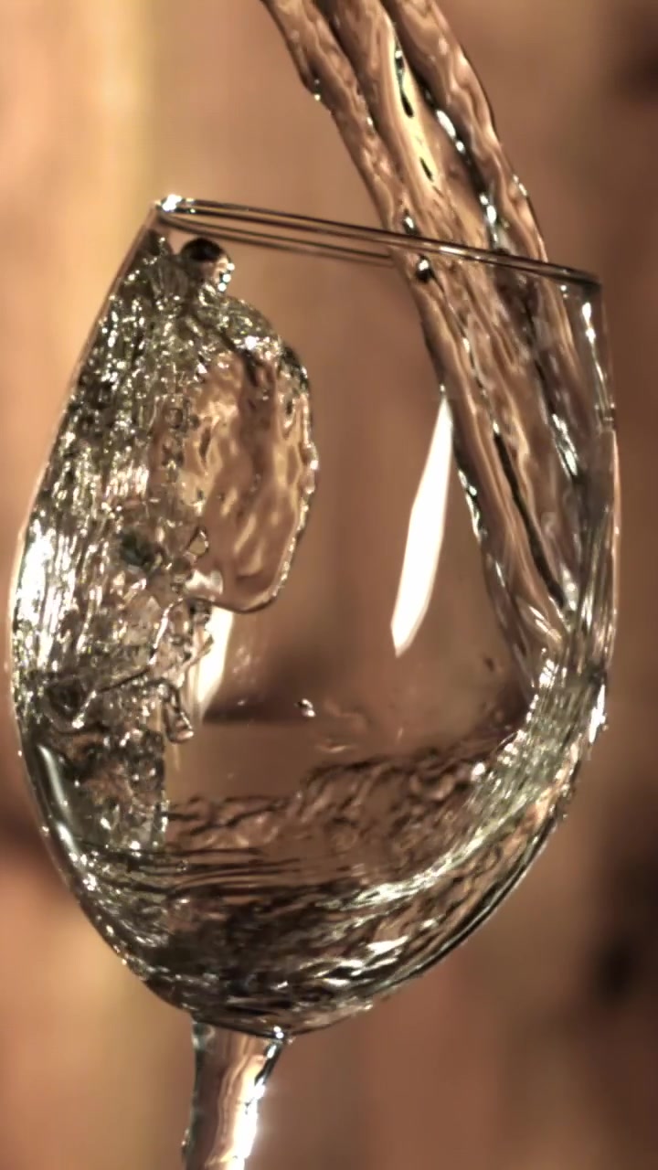 Acqua limpida versata in un calice da vino al rallentatore