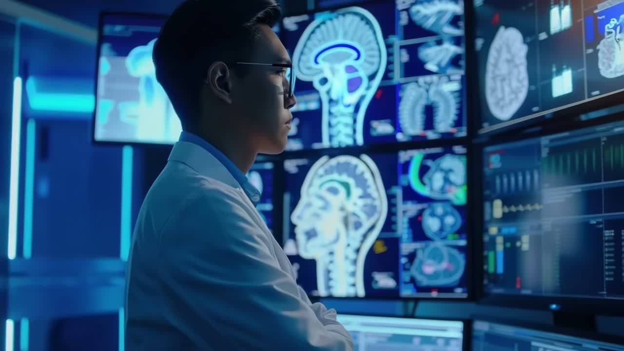 Uno scienziato in camice da laboratorio analizza scansioni cerebrali su più schermi