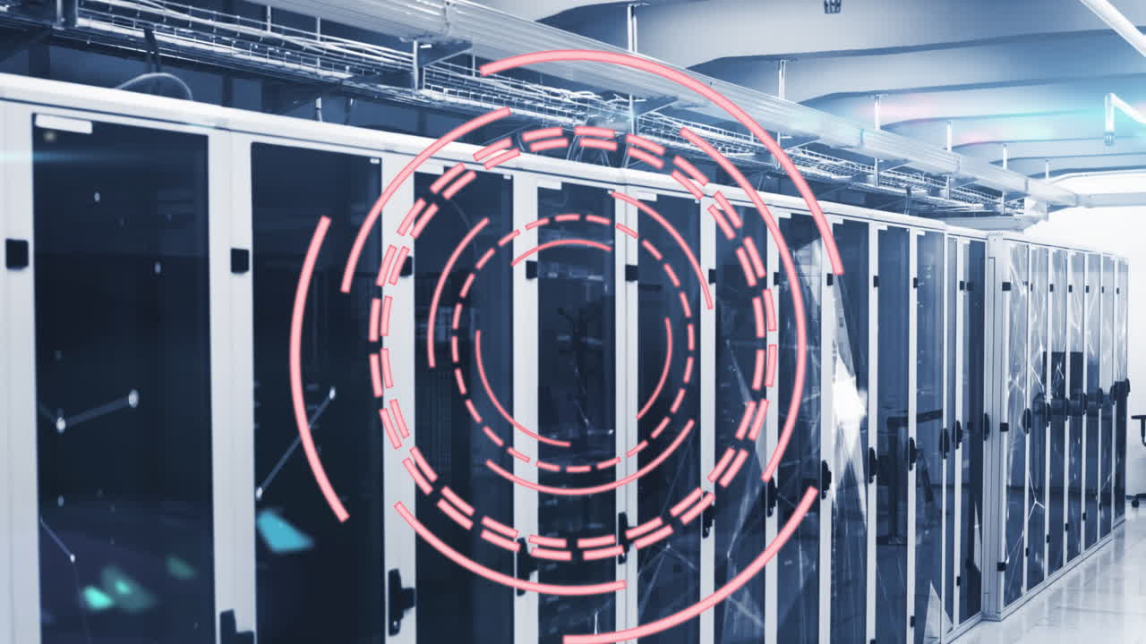 Animation of loading circles and connected dots forming geometric shapes over server room