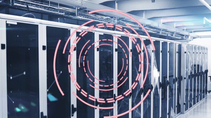 Animation of loading circles and connected dots forming geometric shapes over server room