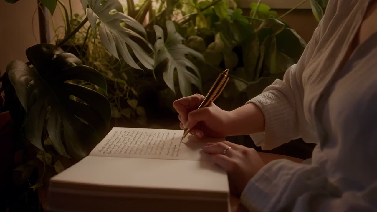 Person writing in a journal surrounded by plants