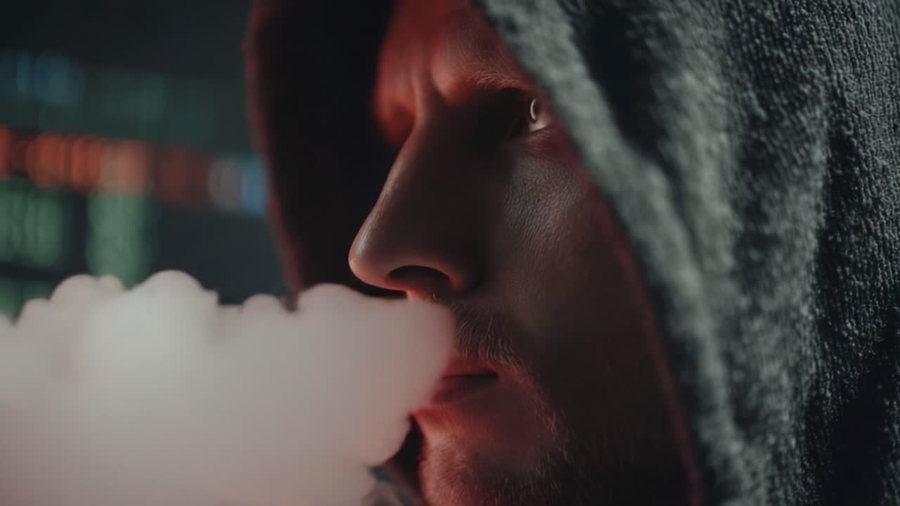 A Mysterious Figure in a Hoodie Exhaling Vapor: Enigmatic Ambiance Surrounds This Vaping Scene with Intriguing Visuals and Expressive Lighting Effects