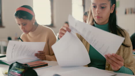 education, students and reading test in classroom