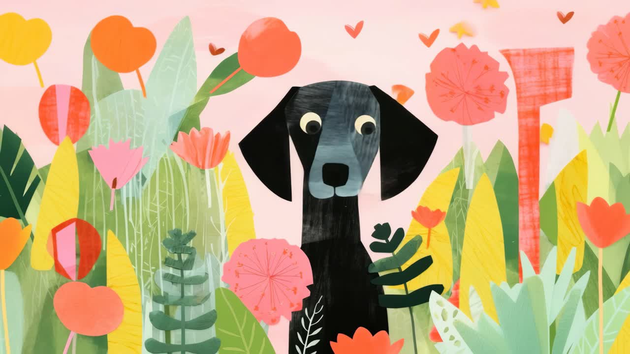 色とりどりの花に囲まれた犬の幻想的なイラスト、正面アングルから見た