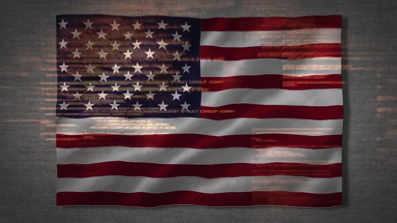 Lille amerikansk flag dukker op og skalerer ind mod midten, mens det vajer under glidende glitch-kode.