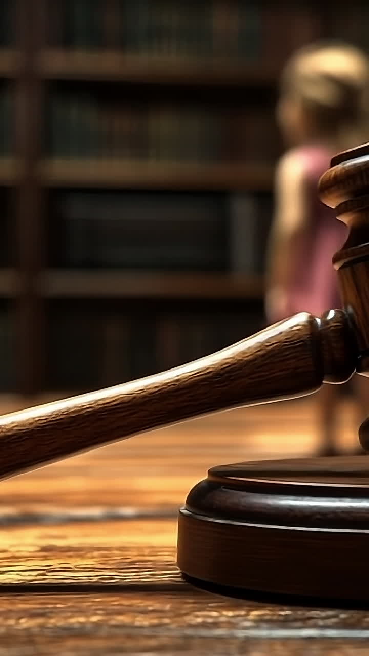 Legal gavel rests on wooden desk surface. A gavel is positioned on a polished wood surface with shelves of books in the background, symbolizing justice.