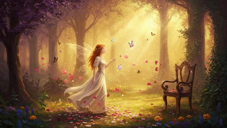 a captivating encounter with nature's magic: a fairy in a serene forest surrounded by butterflies and blossoming petals under enchanting sunlight