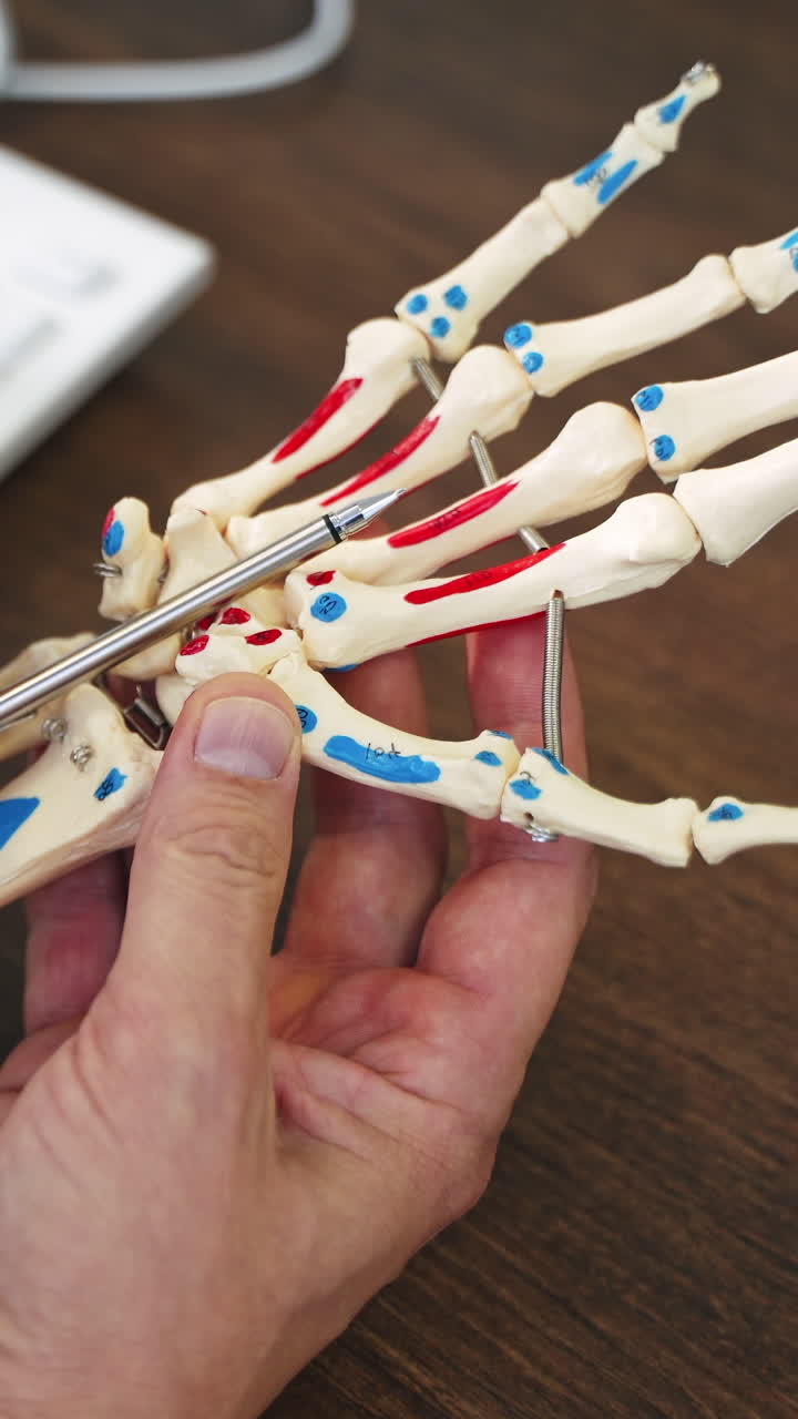 Skeleton model of a hand. Specialist showing the work of hand joints by a pen on artificial model. Close-up. Vertical video