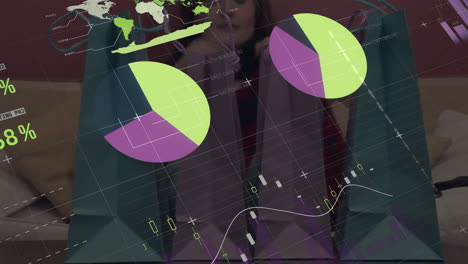 animación de procesamiento de datos, mercado de valores y mapa del mundo sobre mujer caucásica con bolsas de compras