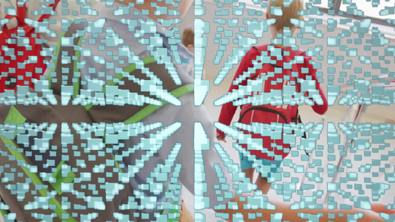 students walking in corridor with backpacks under circuit overlay showing edtech access security