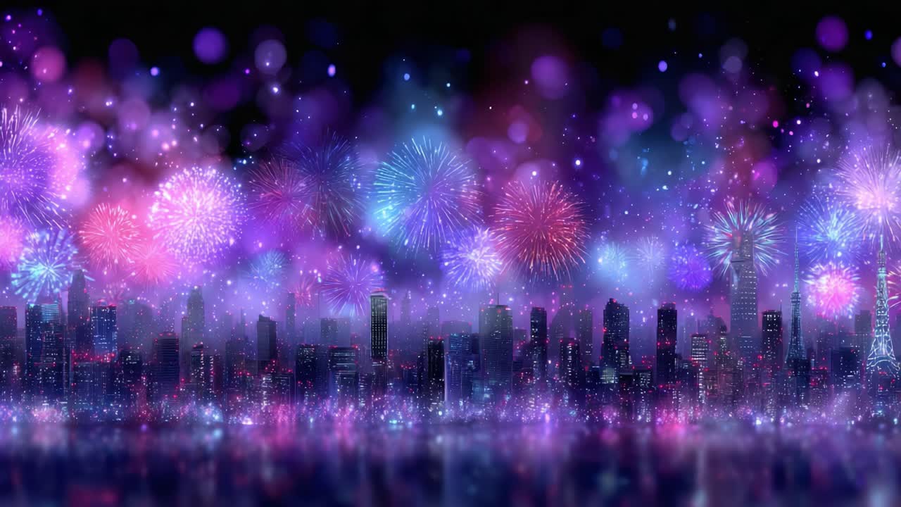 A Spectacular Fireworks Display Over a Vibrant City Skyline at Night, Illuminating the Sky with Colorful Explosions and Sparkles, Celebrating a Joyful Occasion