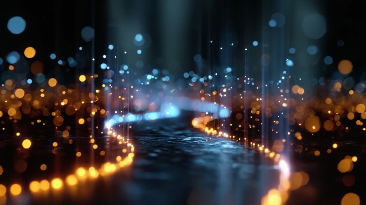 Un viaggio affascinante attraverso sentieri luminosi di luci blu e arancioni che brillano su una superficie serena, evocando un senso di meraviglia e incanto