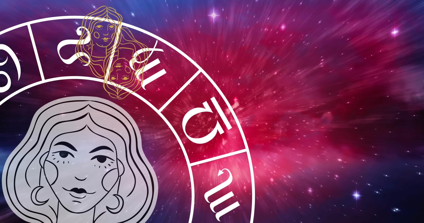 Animation of virgo over rotating zodiac wheel over cosmos