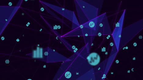 animation of abstract geometric shapes and financial icons on dark digital background